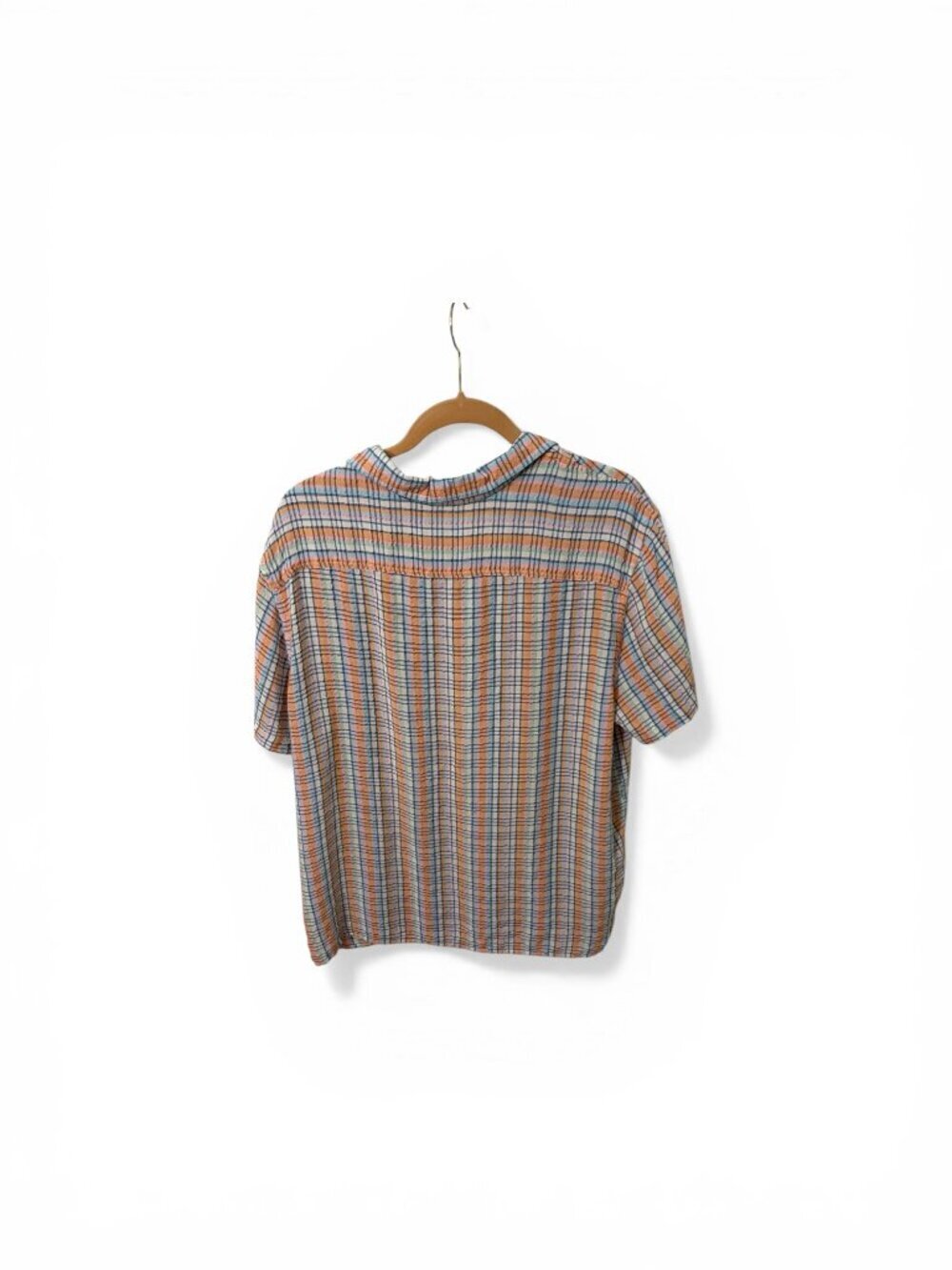 Goodfellow Short Sleeve Button-Up Plaid Camp Shirt Blue Peach Recycled Men's XL - Picture 3 of 5